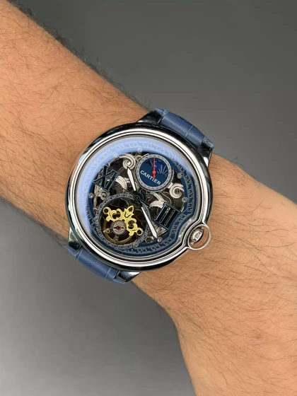ساعت مچی کارتیه بلن بولو صفحه اسکلتون بند چرمی آبی Cartier Ballon Bleu