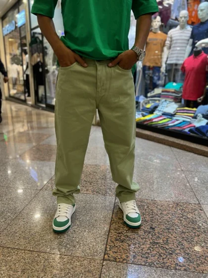 شلوار بگ کتان رنگ سبز صابونی بسیار خاص-قد 108 سانتی متر