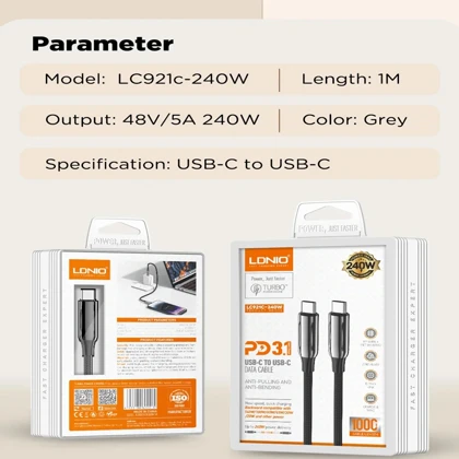 کابل تایپ سی الدنیو LDNIO مدل LC921 توان 240 وات یک متری