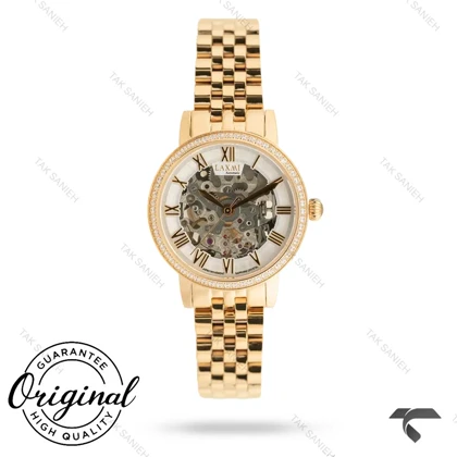 ساعت زنانه لکسمی 8573-3 طلایی صفحه اسکلتون دورنگین Laxmi-9601-L