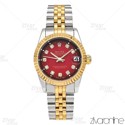 ساعت رولکس دیت جاست زنانه صفحه قرمز ایندکس نگین‌دار مدیوم 105978