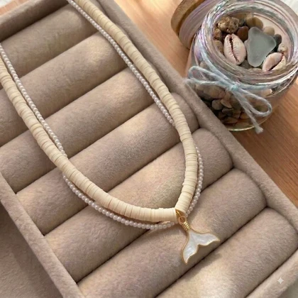 گردنبند تابستانه فیمو لیمویی با آویز دم وال 2 لاین