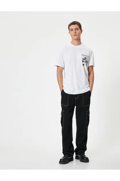 Hokusai تیشرت دارای مجوز پشت چاپ آستین کوتاه یقه خدمه نخی 4SAM10848HK