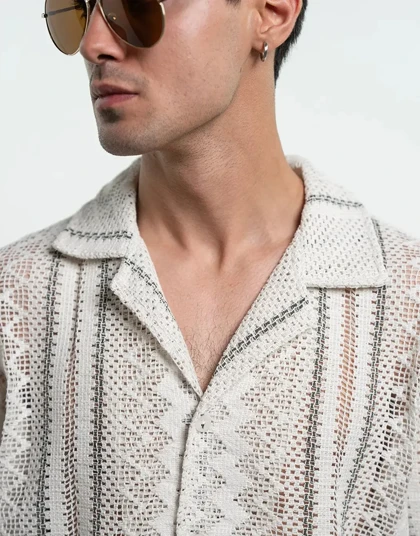 آستین کوتاه مکرومه راه راه