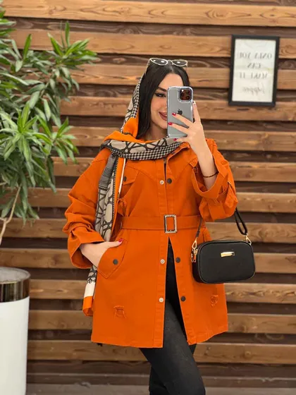 مانتو کتان آستین سگک کمردار