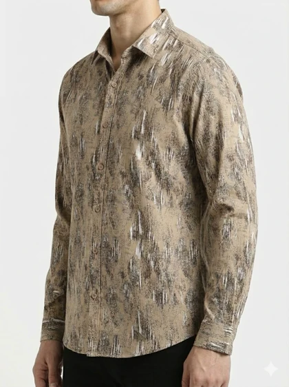 پیراهن مردانه آستین بلند کنفی طرحدار کرم 2003