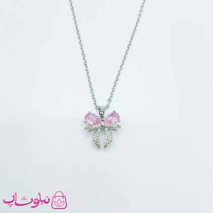 گردنبند دخترانه مدل پاپیون با نگین صورتی کد 98