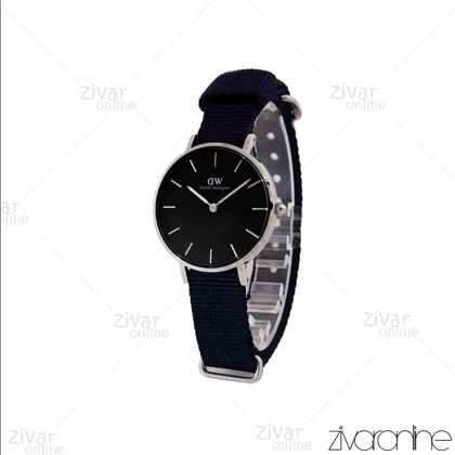 ساعت دنیل ولینگتون زنانه قاب سیلور صفحه مشکی بند برزنت سرمه ای 104980