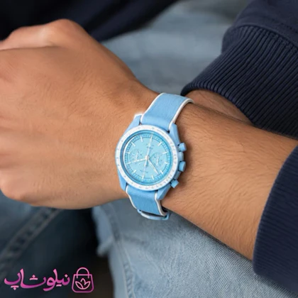 ساعت امگا سواچ moonswatch با بند رابر زنانه مردانه رنگ آبی سفید کیفیت مستر کد 3750