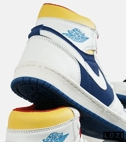 کفش کتانی مردانه و زنانه ساق‌دار سفید آبی زرد NIKE jordan 1