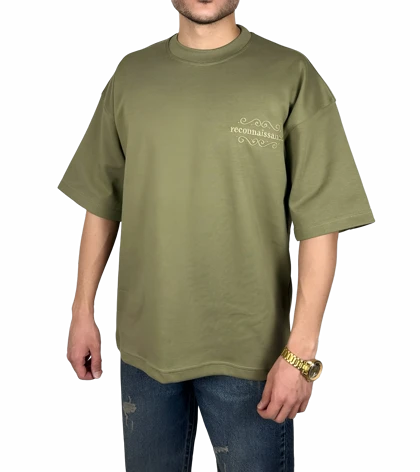 تیشرت آستین کوتاه سبز زیتونی با گلدوزی برجسته