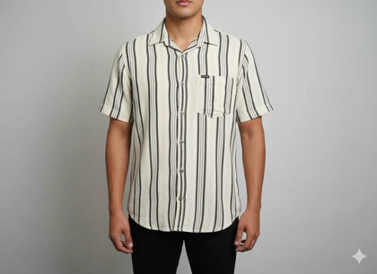 پیراهن مردانه آستین کوتاه راه راه کنفی مشکی 718