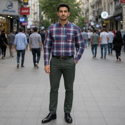 پیراهن آستین بلند مردانه نخی چهارخانه قواره آزاد