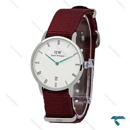 ساعت مچی DW نقره ای صفحه سفید بند برزنت زرشکی مدیوم DW-7231-L