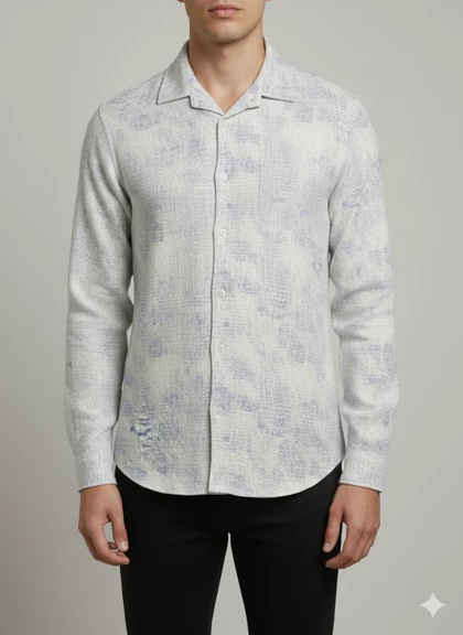 پیراهن مردانه آستین بلند کنفی طرحدار آبی روشن 401