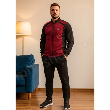 ست گرمکن و شلوار ماراتن استرج شمعی مردانه مشکی زرشکی