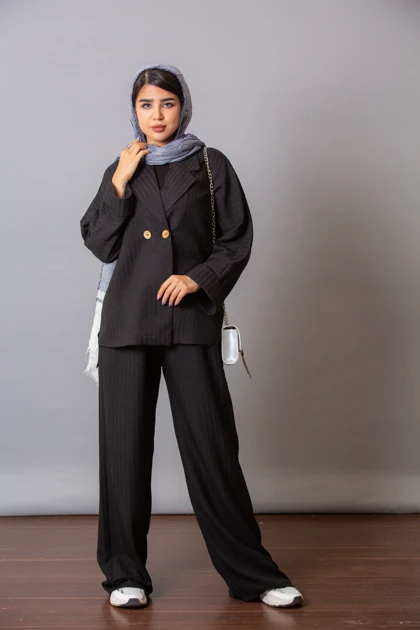 مانتو شلوار راه راه دو دکمه بغل چاک