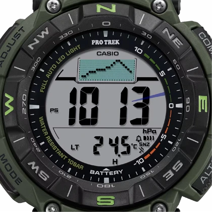 ساعت مچی کوهنوردی کاسیو پروترک (Casio Pro Trek) مدل PRG-340B-3 (دیجیتال, تریپل سنسور, شارژ خورشیدی, بند پارچه‌ای مقاوم)