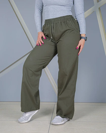 شلوار بسیار خنک کتان کاغذی سبز ارتشی زنانه Olive Green Cotton Paper Pants کمر کش قد 102 سایز 36 تا 52 کد 60400