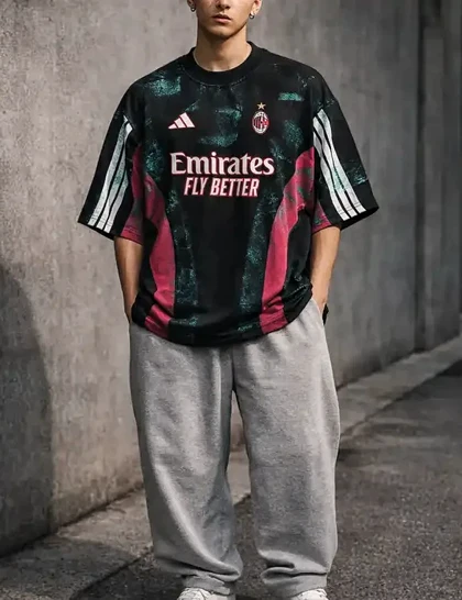 کیت باشگاهی آث میلان مشکی با طراحی هنری انتزاعی رنگ پاشی * پارچه ماکان پنبه گرم بالا