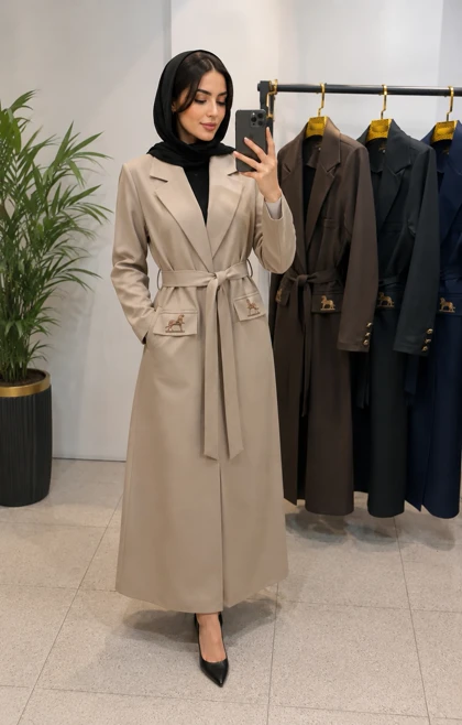مانتو بلند زنانه کارتیر جلو باز کمردار طرح شیر
