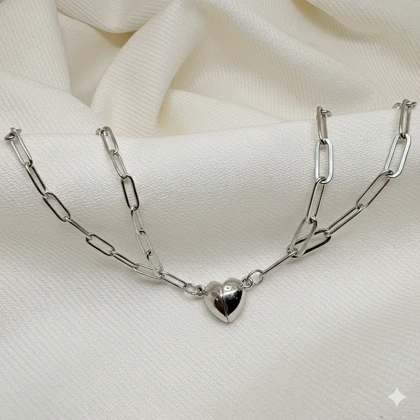 ست دستبند دو نفره مدل «قلب مگنتی» | زنجیر استیل کارتیر ظریف با پلاک مکمل