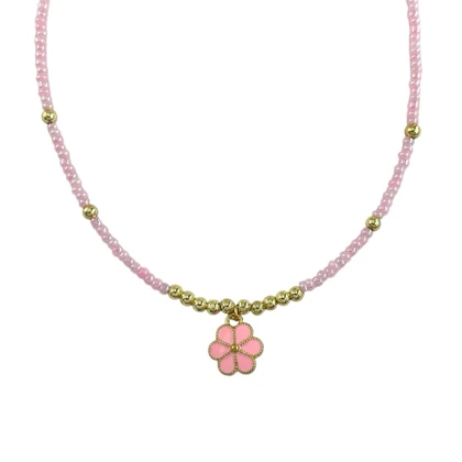 گردنبند زنانه مهره‌ای مدل شکوفه طرح گل صورتی و طلایی