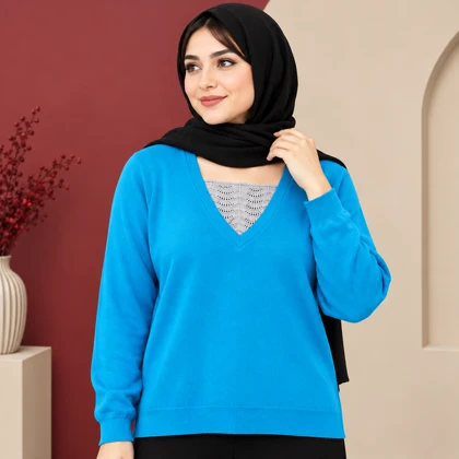 بلوز بافت وارداتی یقه هفت گیپور دار کد 6083