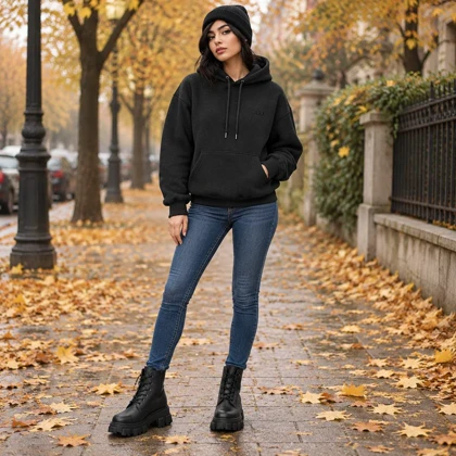 پکیج هودی کلاهدار و جیب‌دار مدل ZARAKA + نیم بوت زنانه مشکی مدل Roxana