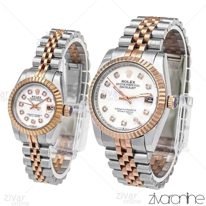 ست ساعت رولکس دیت جاست رزگلد نقره ای صفحه سفید نگین‌دار 106122