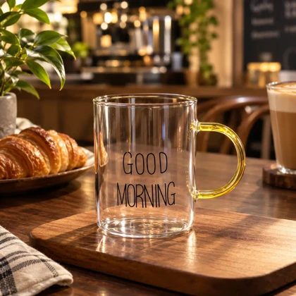 ماگ شیشه‌ای Good morning دسته عسلی