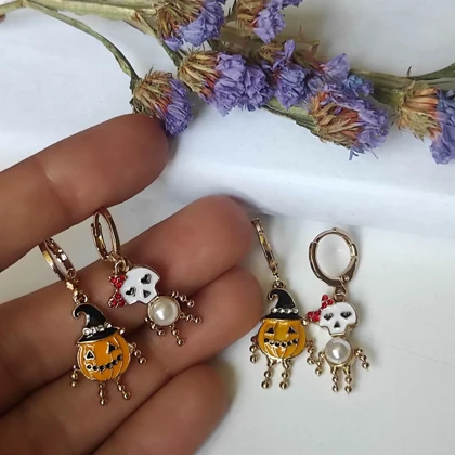 ست 2 تایی گوشواره آویز هالووین (کدو تنبل جک فانوس و شبح) – آبکاری طلا (Limited Edition)