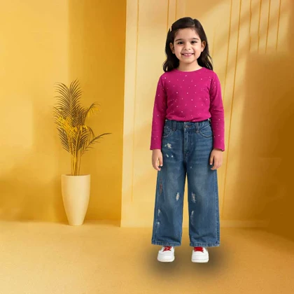 شلوار جین بگ زاپ‌دار طرح رنگی رنگی دخترانه وارداتی