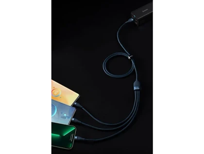 کابل شارژ و دیتا سه‌سر میکرو، تایپ‌سی و لایتنینگ بیسوس Baseus Flash Series One-for-three Fast Charging Data Cable USB (CASS040001)