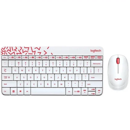 کیبورد و ماوس بی سیم لاجیتک logitech مدل MK240 سفید و قرمز روشن