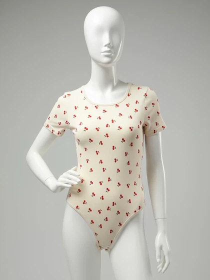 بادی سیملس یقه گرد کرمی طرح گیلاس