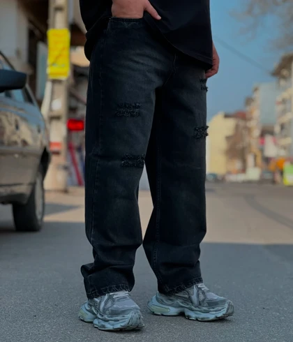 شلوار بگ زاپ پاره ذغالی مردانه پارچه ترک به تضمین