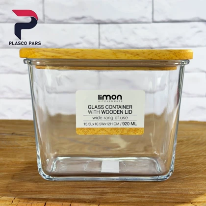 ظرف شیشه ای 920میل درب چوبی لیمون