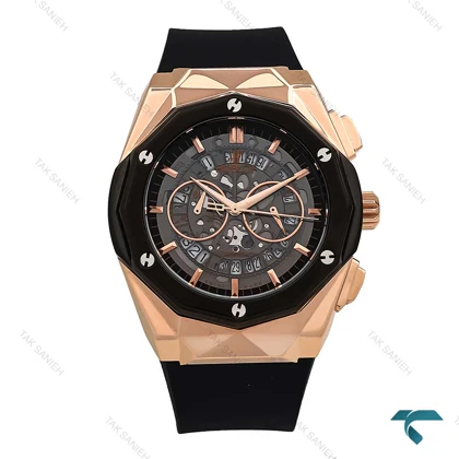 ساعت هابلوت مردانه چند ضلعی رزگلد مشکی صفحه اسکلتون Hublot-6791-G