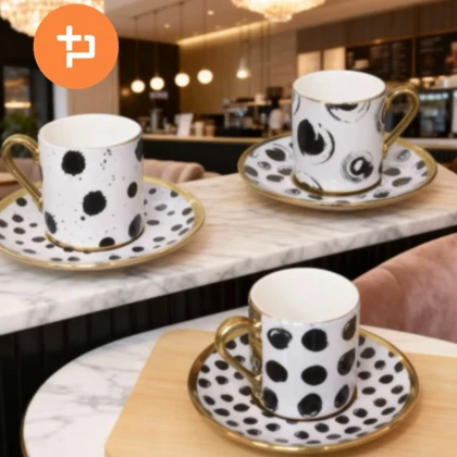 ست قهوه خوری شش نفره سیاه و سفید طرحدار