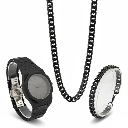 ست مردانه ساعت و دستبند و گردنبند solid black-مشکی ویژه
