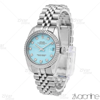 ساعت رولکس دیت جاست زنانه سیلور صفحه تیفانی نگینی مدیوم 106088