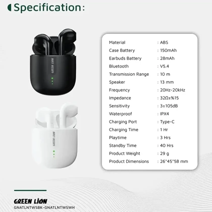 هندزفری بلوتوثی گرین لاین Green Lion مدل GL-TWS78 GNATLNTWS شارژدهی 40 ساعته