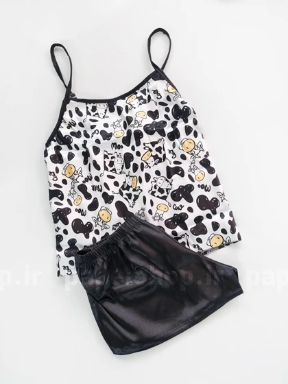 ست لباس خواب تاپ و شورتک ساتن طرح گاو