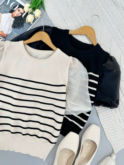 بلوز بافت راه راه آستین پف کد 4404