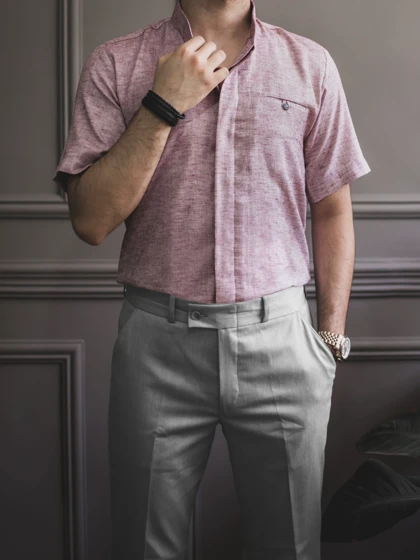 پیراهن لینن یقه فرنچ آستین کوتاه sh110