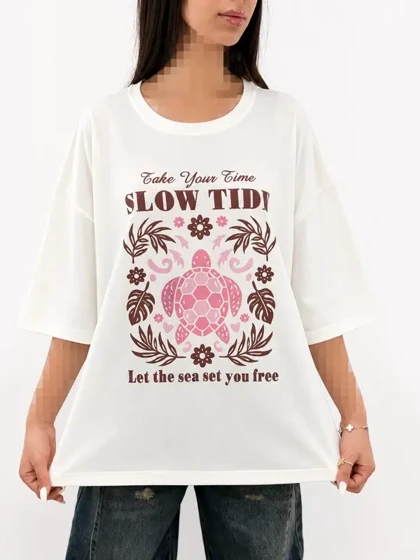 تیشرت باکسی زنانه سفید رنگ یقه گرد طرح Slow Tide | فری سایز | آلما شاپ