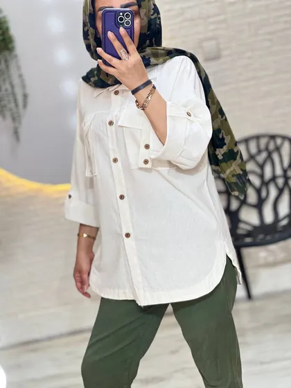 شومیز دو جیب لینن دکمه چوبی