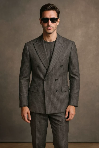 ست دو تیکه کت شلوار دبل برست دیپلمات زغالی