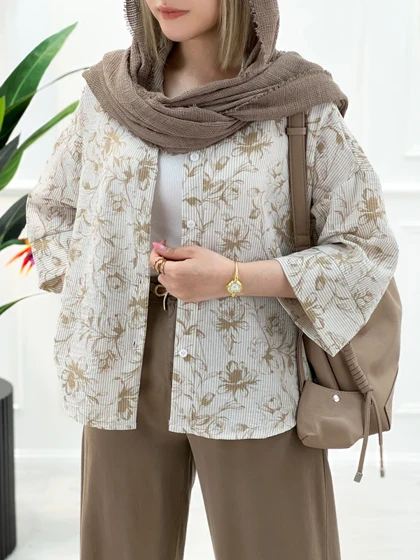 شومیز مانتویی راه راه کاتیا زنانه - کرم